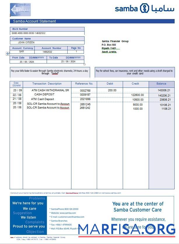 Realistic Saudi Arabia Samba bank account statement word sample